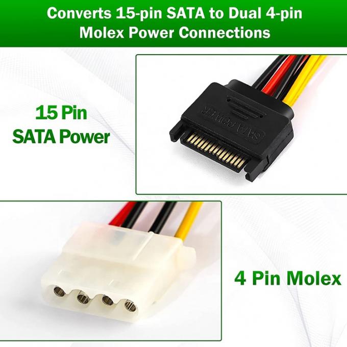 Sata 15 Pin αρσενικό σε διπλό Molex 4 Pin Lp4 IDE θηλυκό σκληρό δίσκο ισχύος Y προσαρμογέα καλώδιο μετατροπέα για HDD SSD 1