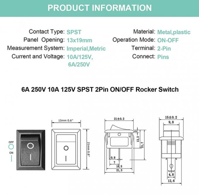 AC 6A/250V 10A/125V Μαύρη θέση 2 καρφίτσες Κλείσιμο σε ON OFF Ηλεκτρικός διακόπτης ροκέας σκάφους 0