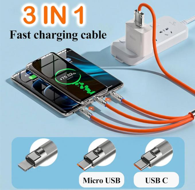 Υπερ-γρήγορη φόρτιση 120w 6A υγρή σιλικόνη 3 σε 1 πολλαπλές συνδέσεις Micro Type C USB καλώδιο φόρτισης δεδομένων για κινητό τηλέφωνο 1