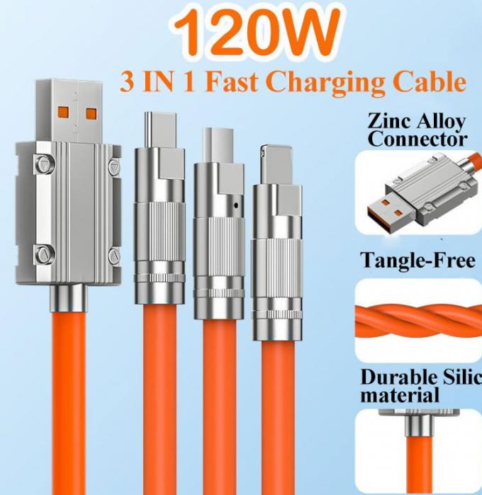 Υπερ-γρήγορη φόρτιση 120w 6A υγρή σιλικόνη 3 σε 1 πολλαπλές συνδέσεις Micro Type C USB καλώδιο φόρτισης δεδομένων για κινητό τηλέφωνο 3
