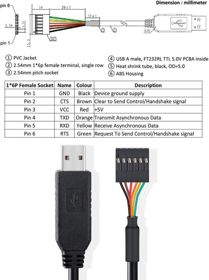 FTDI Chip FT232 USB σε TTL 3.3V 5V Uart RTS CTS TXD RXD Καλώδιο σειριακού μετατροπέα για Arduino Raspberry Pi 2